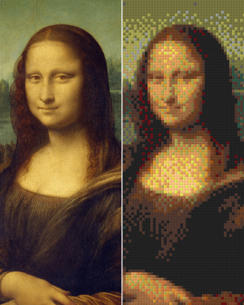 Mona Lisa original photograph next to a brick art mosaic representation